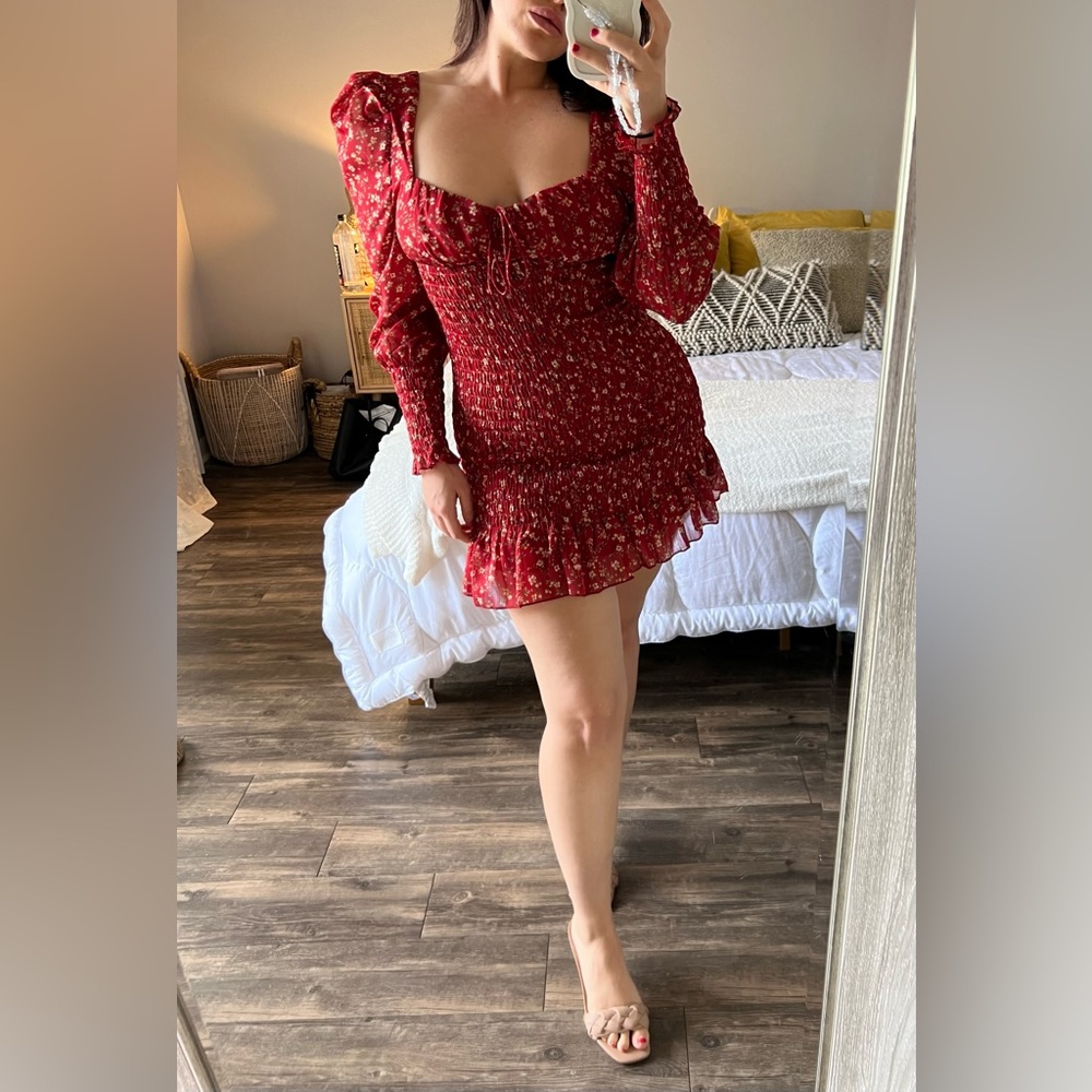 Red Floral Long Sleeved Mini Dress